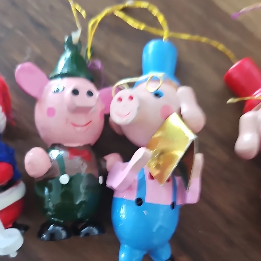 5 Vintage Christmas Pig ORNAMENTS music Sport Book Skiing Wooden 70s 80s Retro